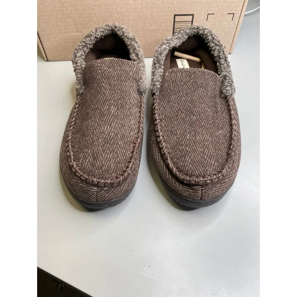 Dearfoams Mens Herringbone Clog Slippers Brown Faux Fur Trim Size L 11-12